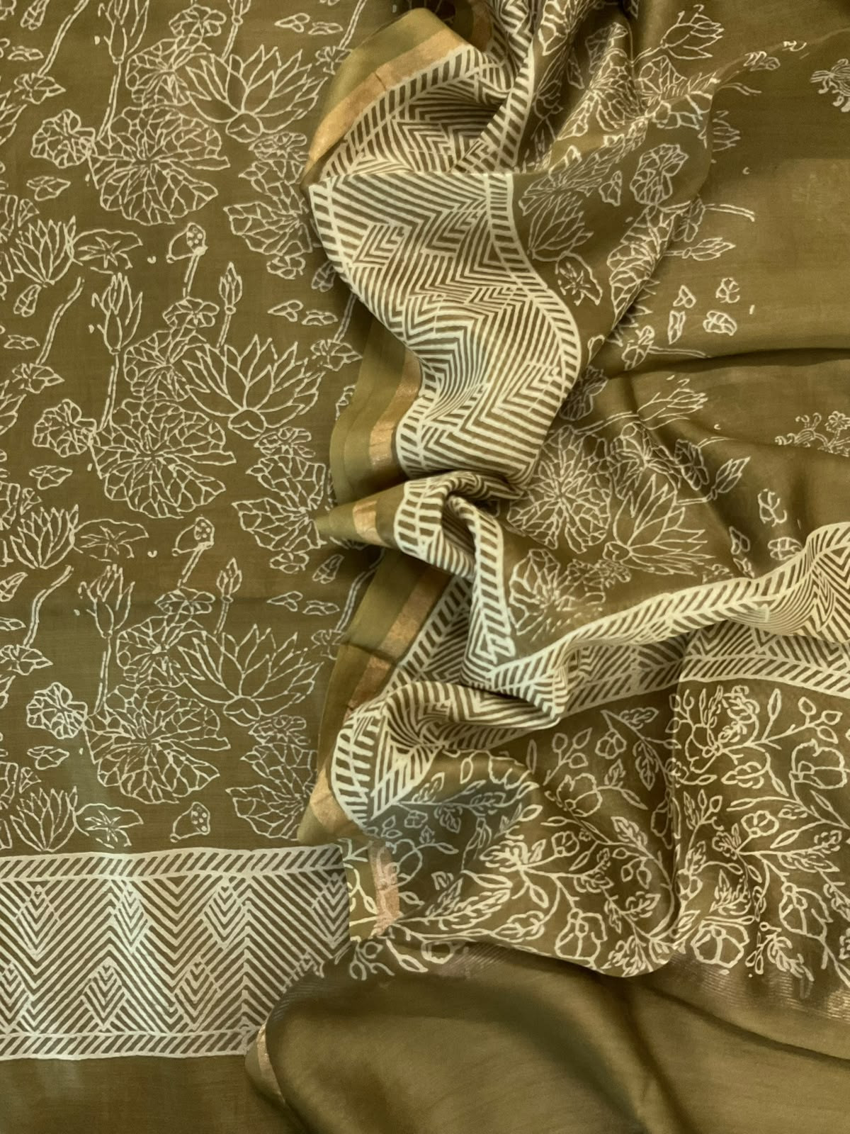 Pure Mul Chanderi Printed Suit - Green