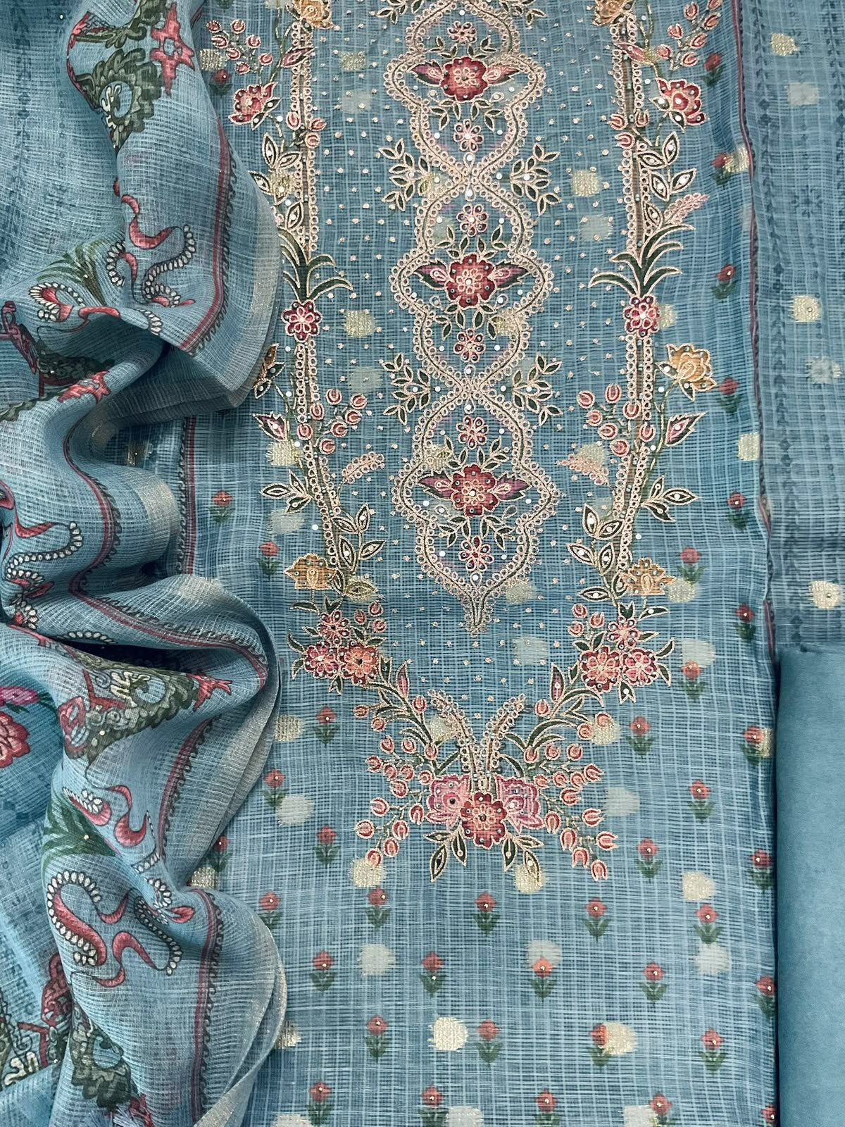 Soft Kota Silk Printed Banarasi Weaved Embroidered Suit - Blue