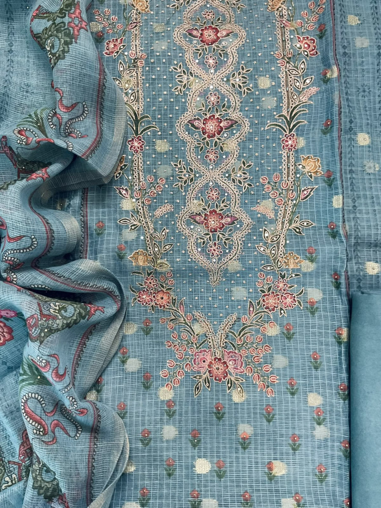 Image of Soft Kota Silk Printed Banarasi Weaved Embroidered Suit - Blue