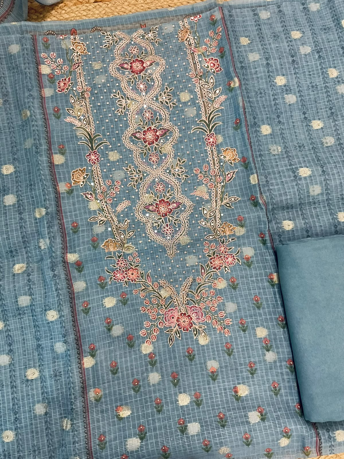 Soft Kota Silk Printed Banarasi Weaved Embroidered Suit - Blue