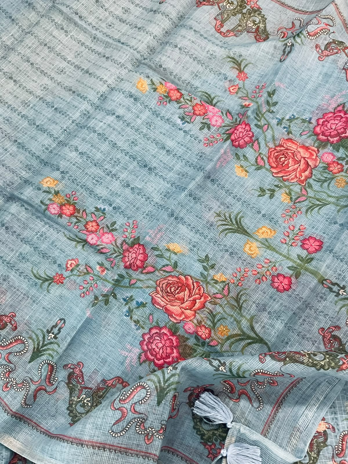 Soft Kota Silk Printed Banarasi Weaved Embroidered Suit - Blue
