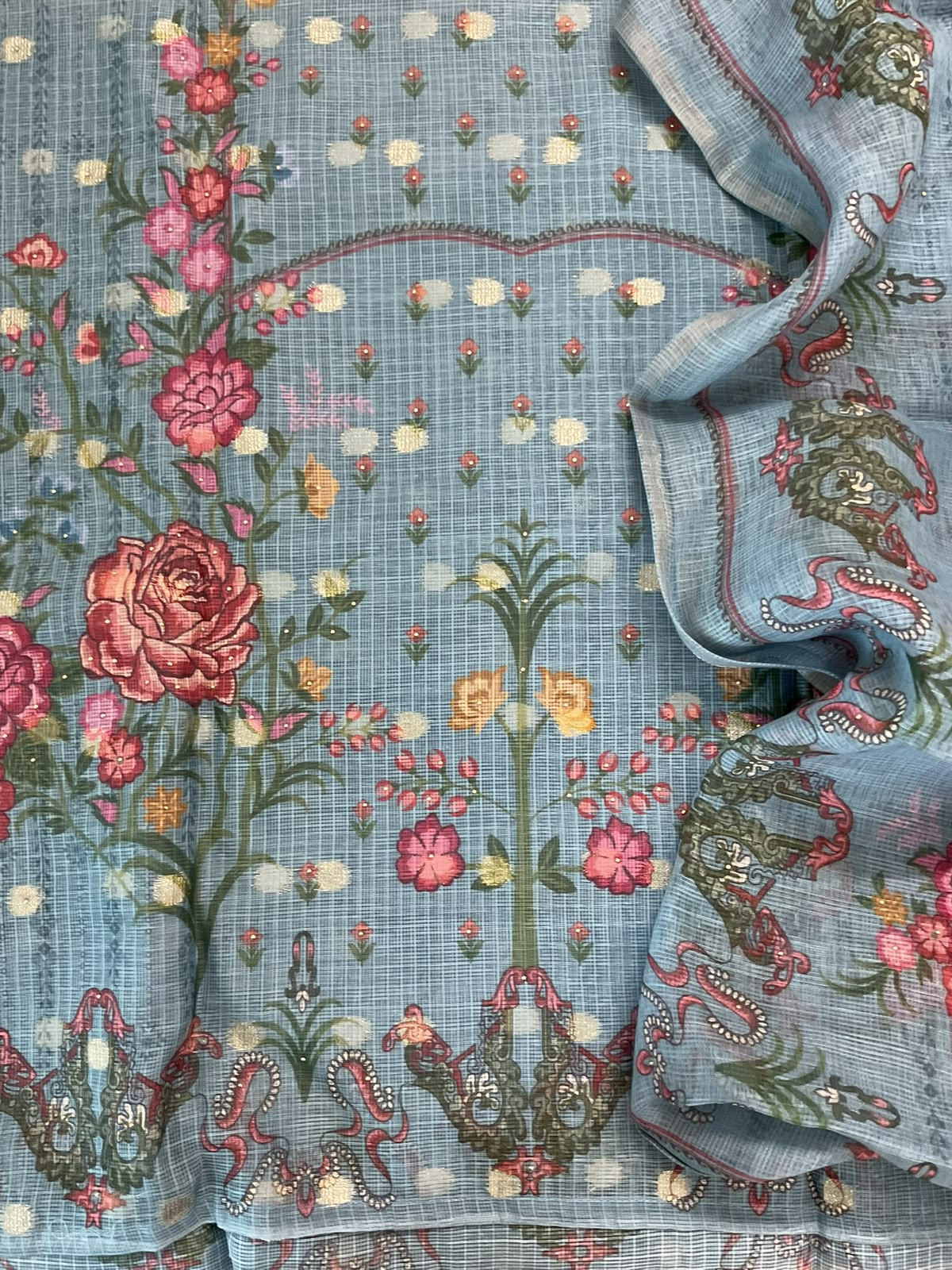 Soft Kota Silk Printed Banarasi Weaved Embroidered Suit - Blue