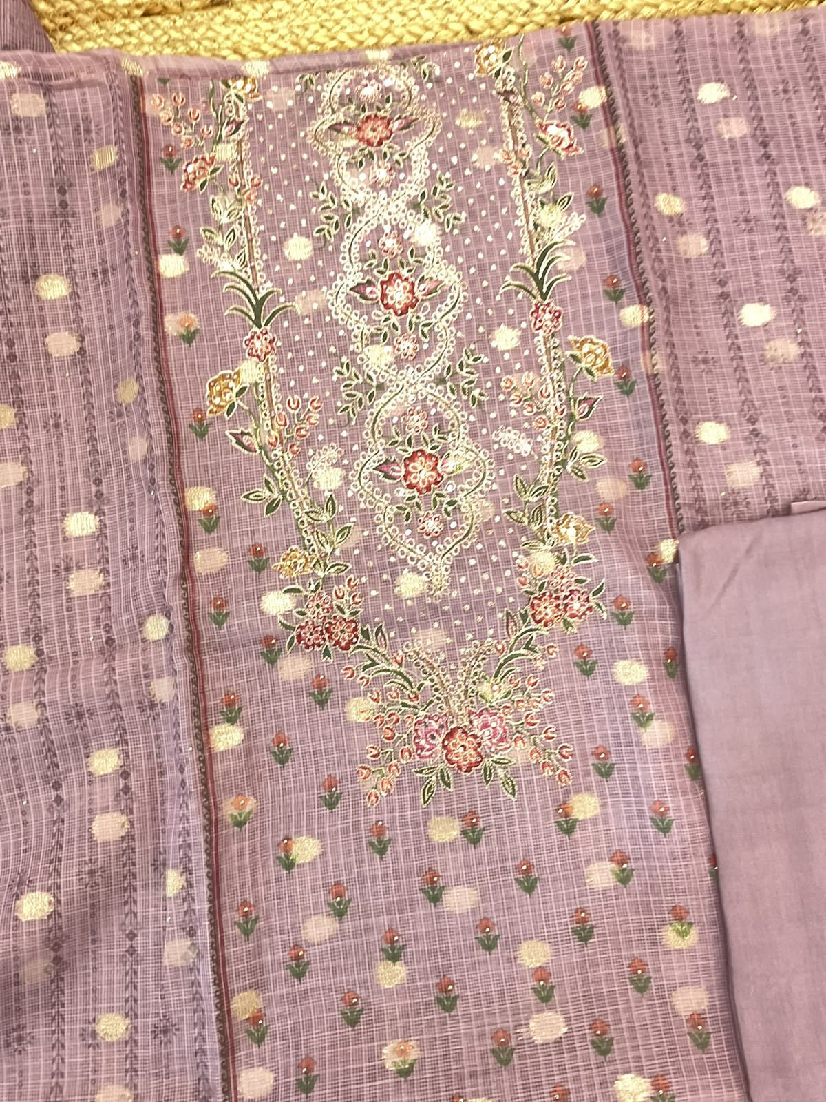 Soft Kota Silk Printed Banarasi Weaved Embroidered Suit - Onion Pink