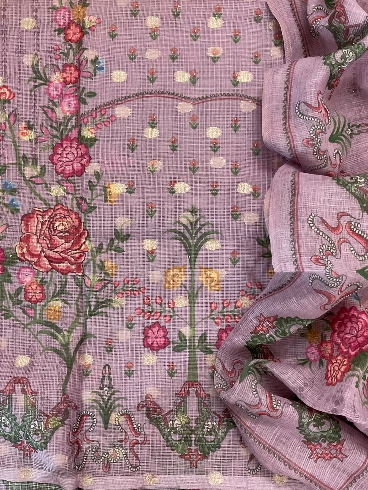 Soft Kota Silk Printed Banarasi Weaved Embroidered Suit - Onion Pink