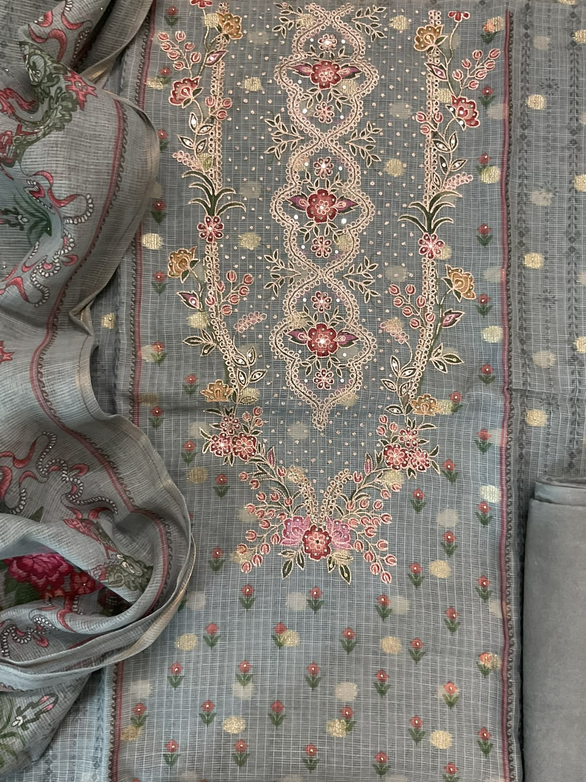 Soft Kota Silk Printed Banarasi Weaved Embroidered Suit - Hrey