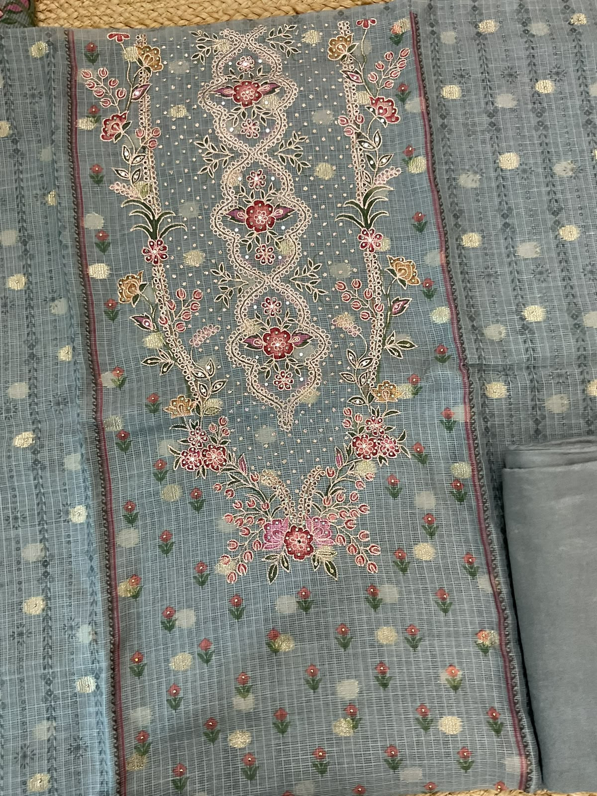 Soft Kota Silk Printed Banarasi Weaved Embroidered Suit - Hrey