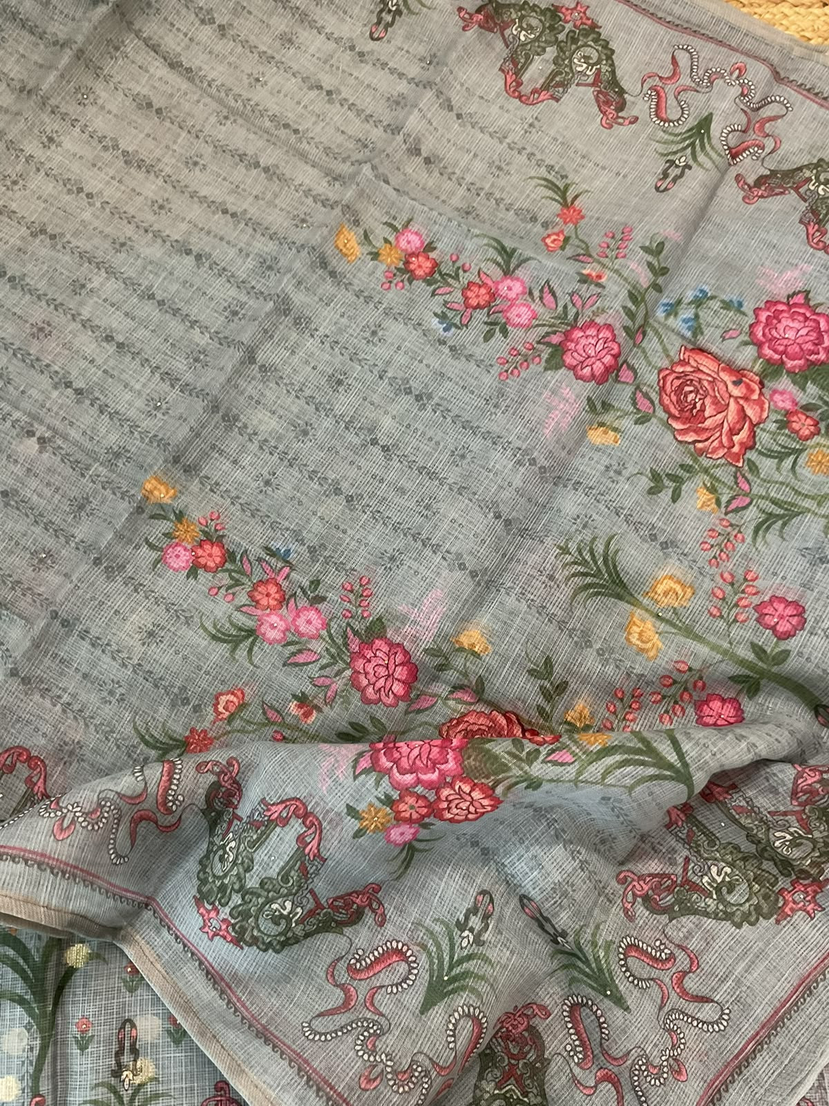Soft Kota Silk Printed Banarasi Weaved Embroidered Suit - Hrey