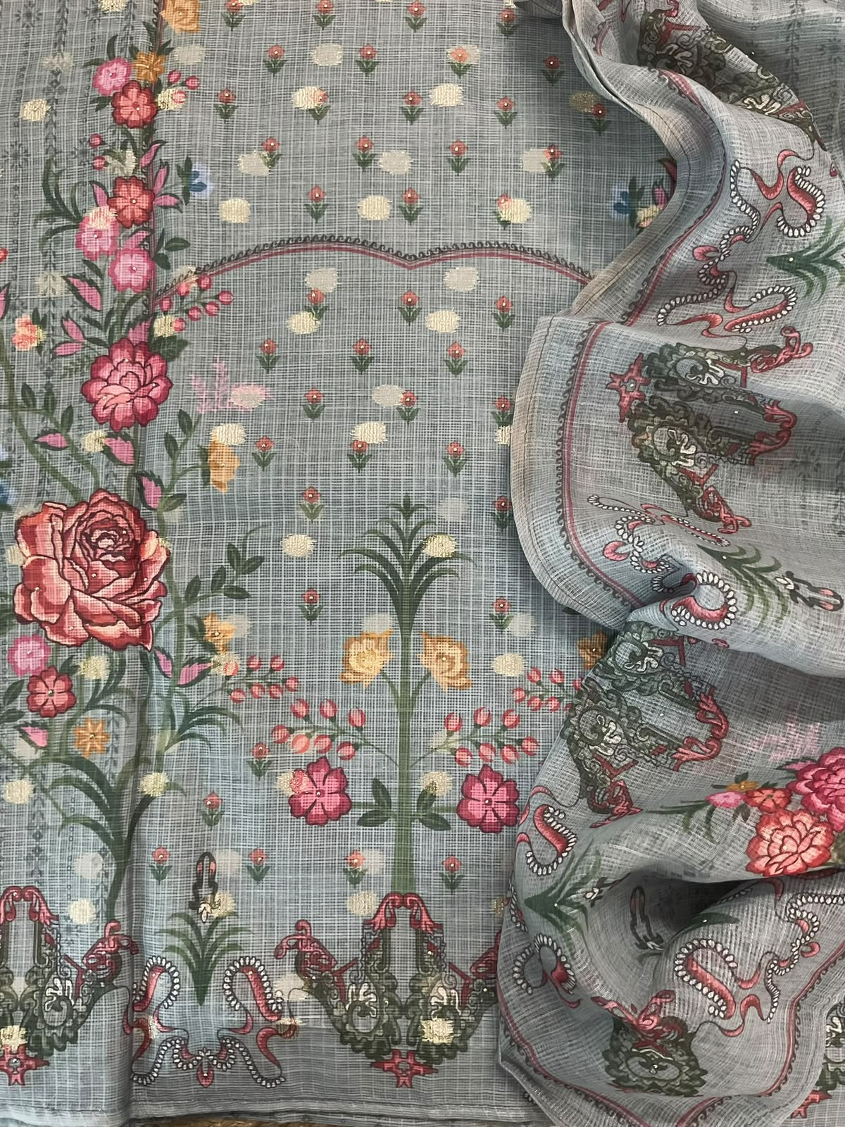 Soft Kota Silk Printed Banarasi Weaved Embroidered Suit - Hrey