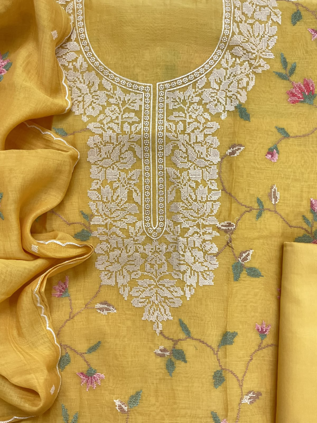 Pure Mul Chanderi Embroidered Suit - Yellow