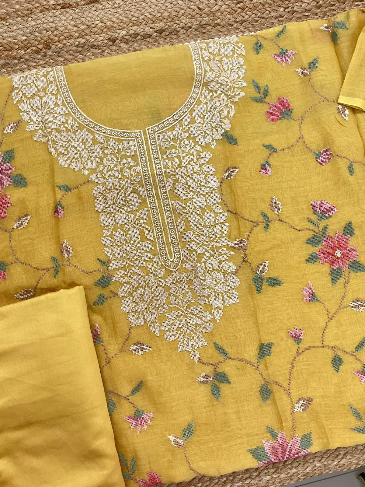 Pure Mul Chanderi Embroidered Suit - Yellow