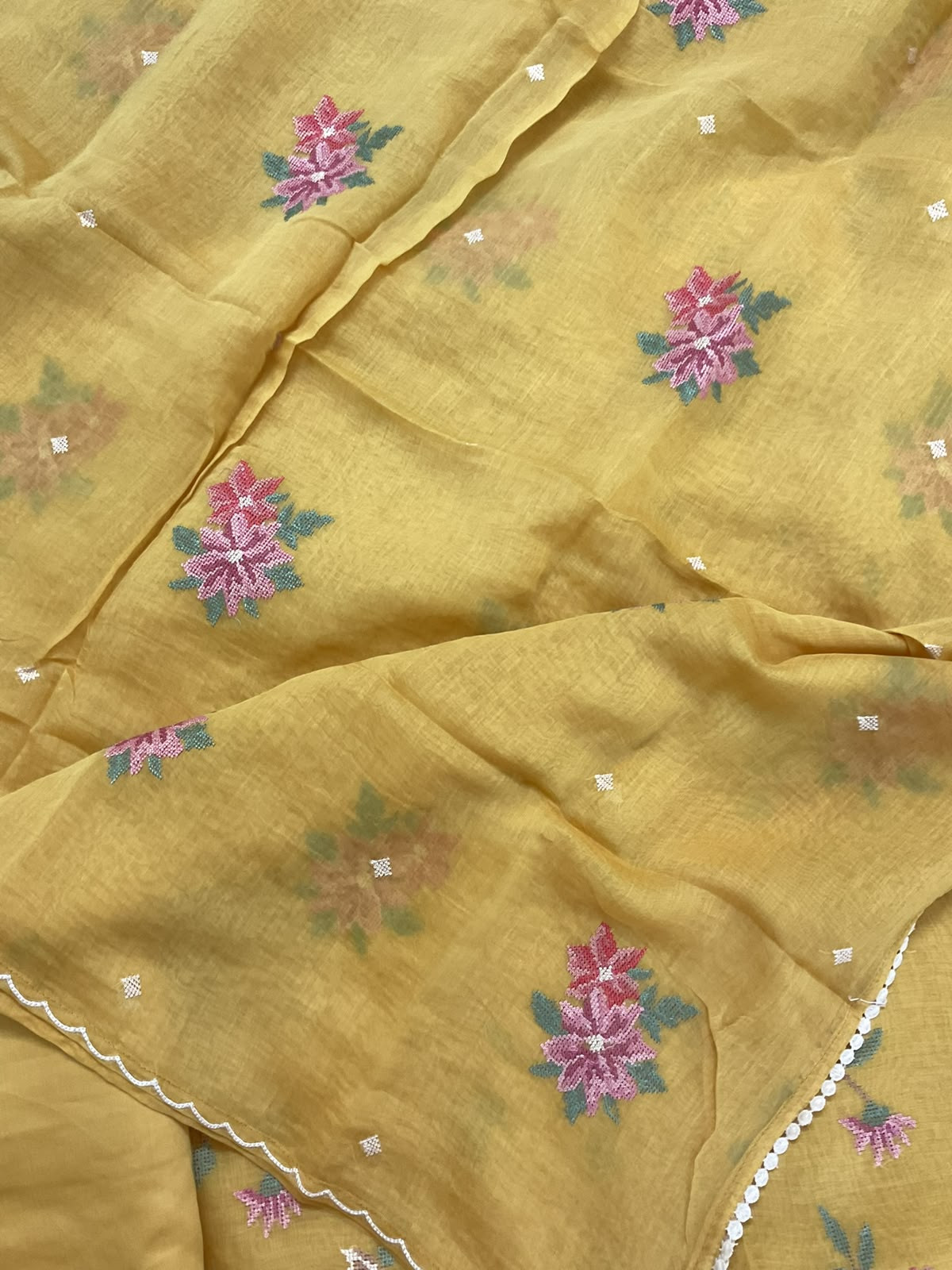 Pure Mul Chanderi Embroidered Suit - Yellow