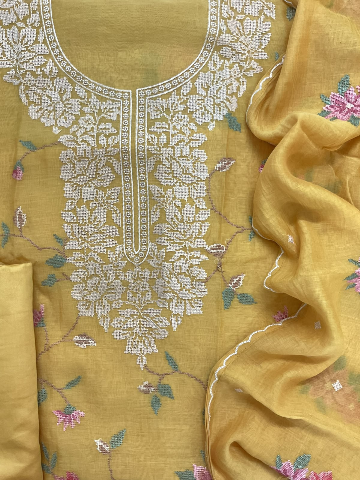 Pure Mul Chanderi Embroidered Suit - Yellow