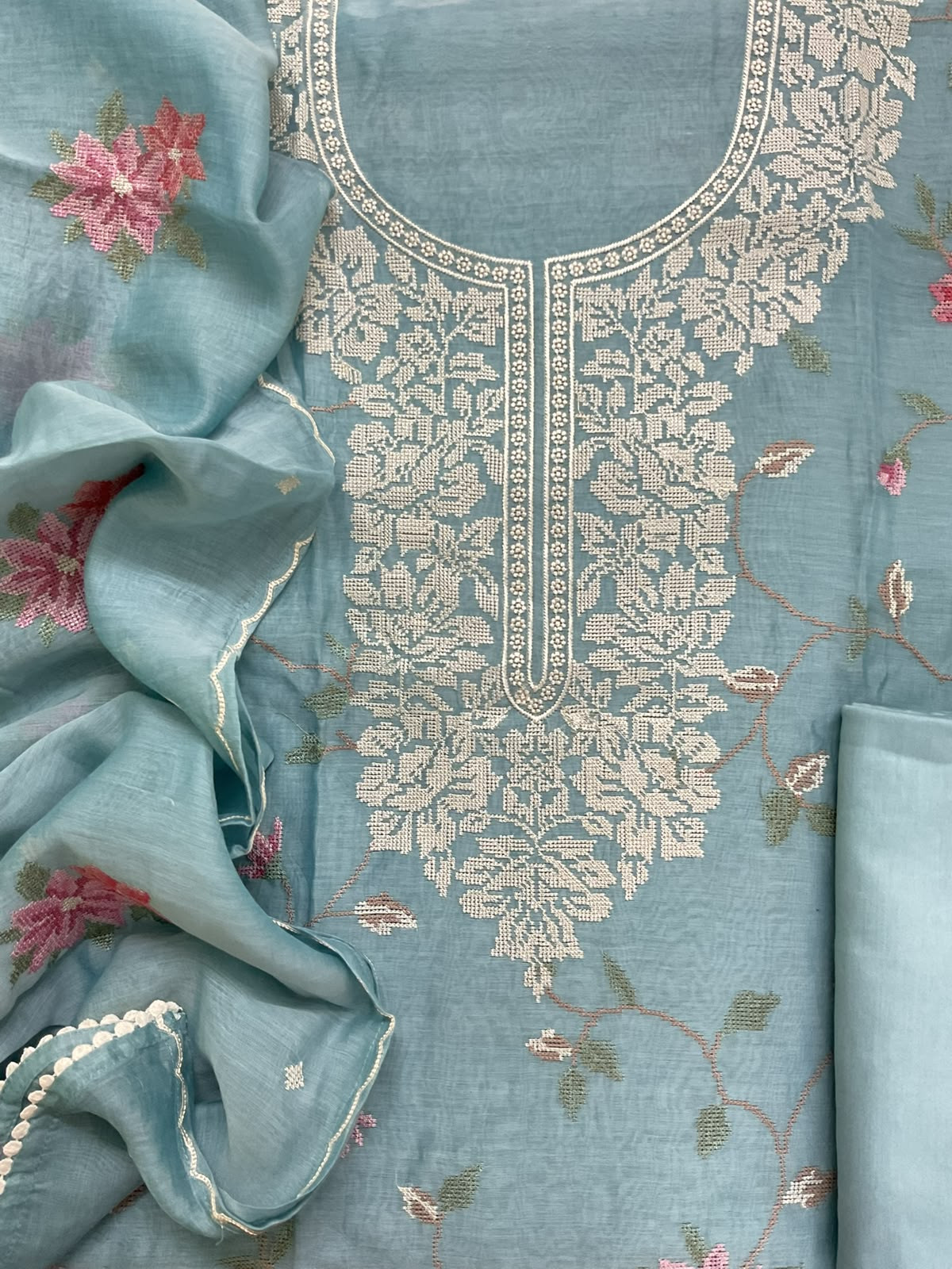 Pure Mul Chanderi Embroidered Suit - Blie