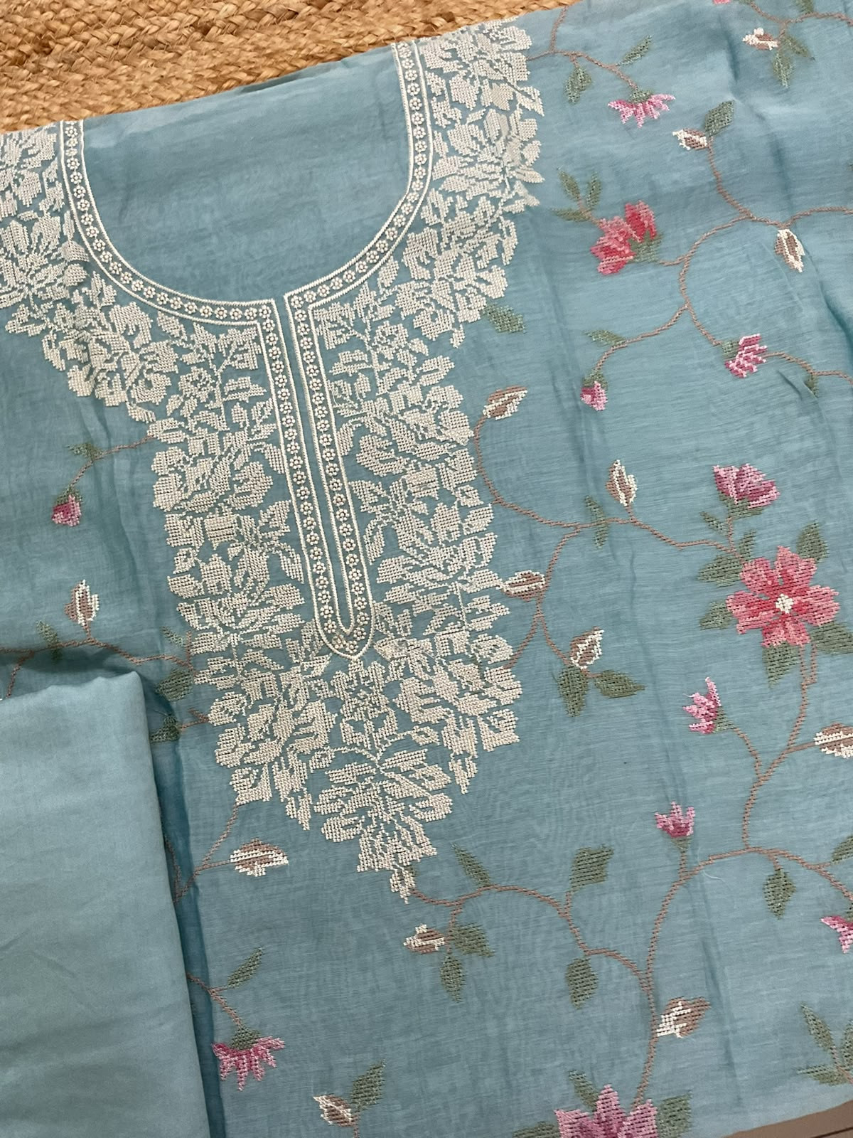 Pure Mul Chanderi Embroidered Suit - Blie