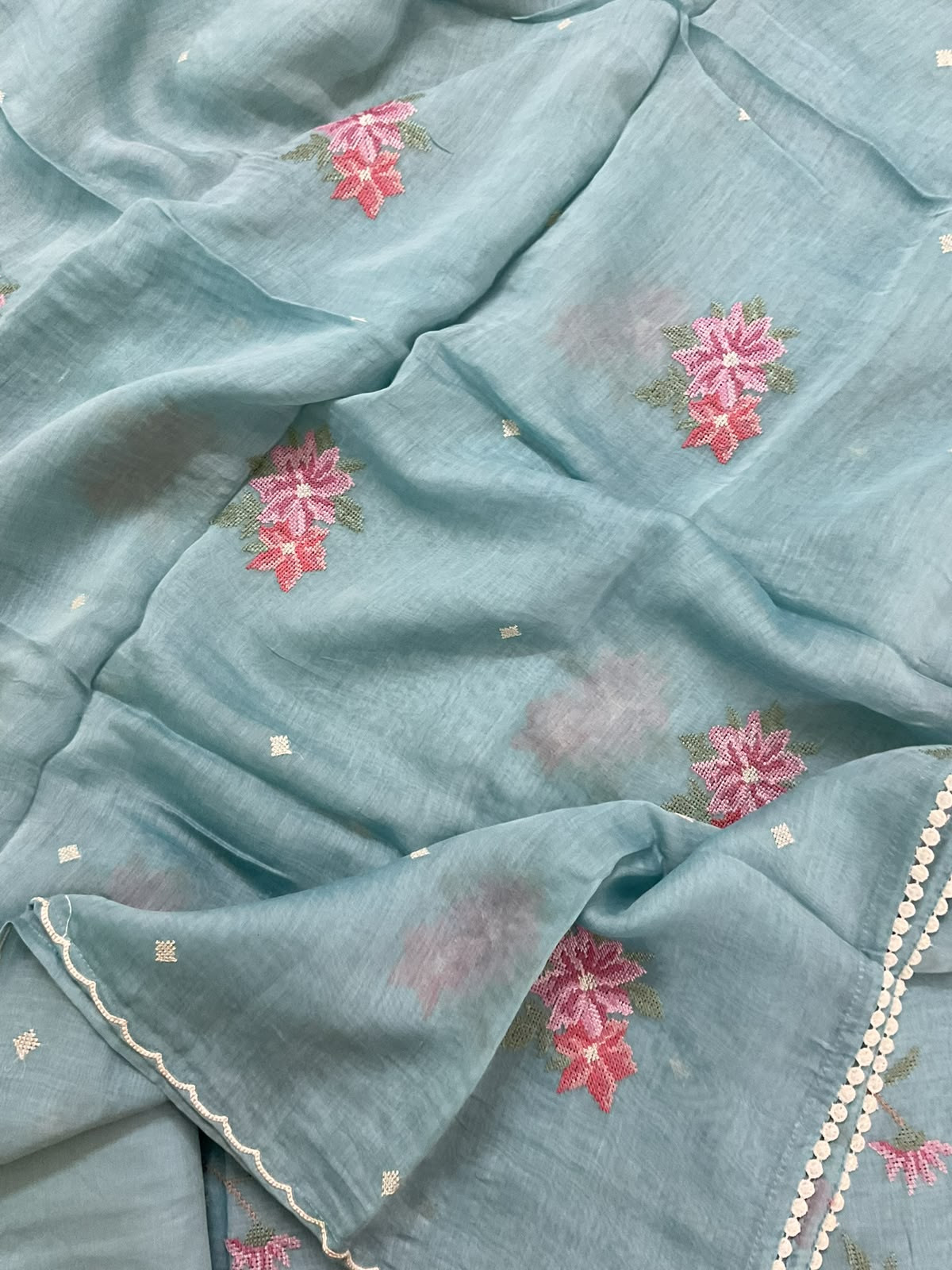 Pure Mul Chanderi Embroidered Suit - Blie