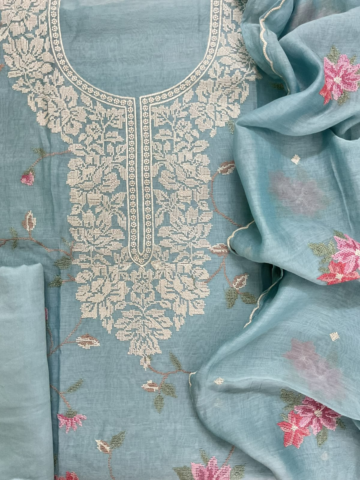 Pure Mul Chanderi Embroidered Suit - Blie