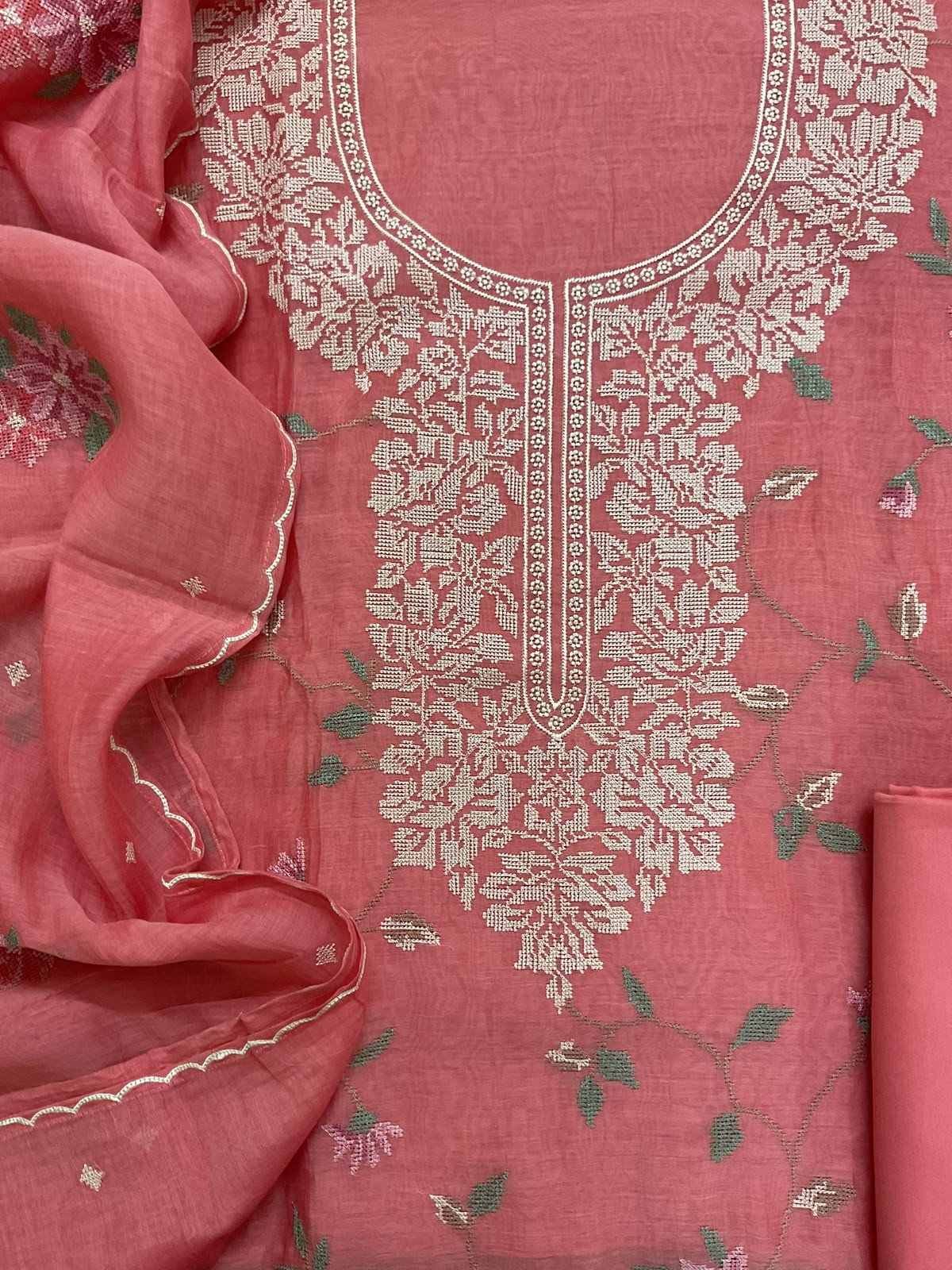 Pure Mul Chanderi Embroidered Suit - Peach