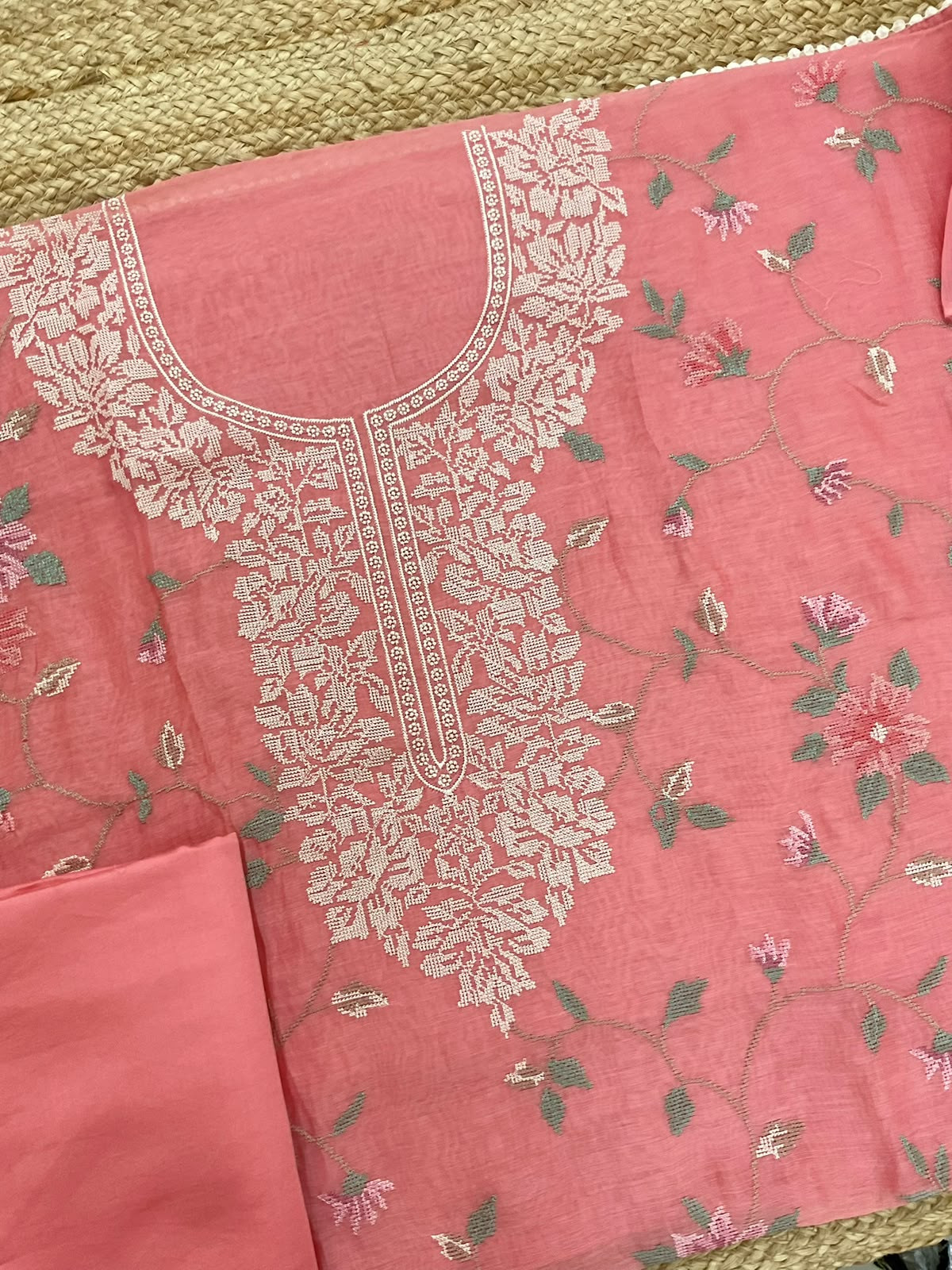 Pure Mul Chanderi Embroidered Suit - Peach