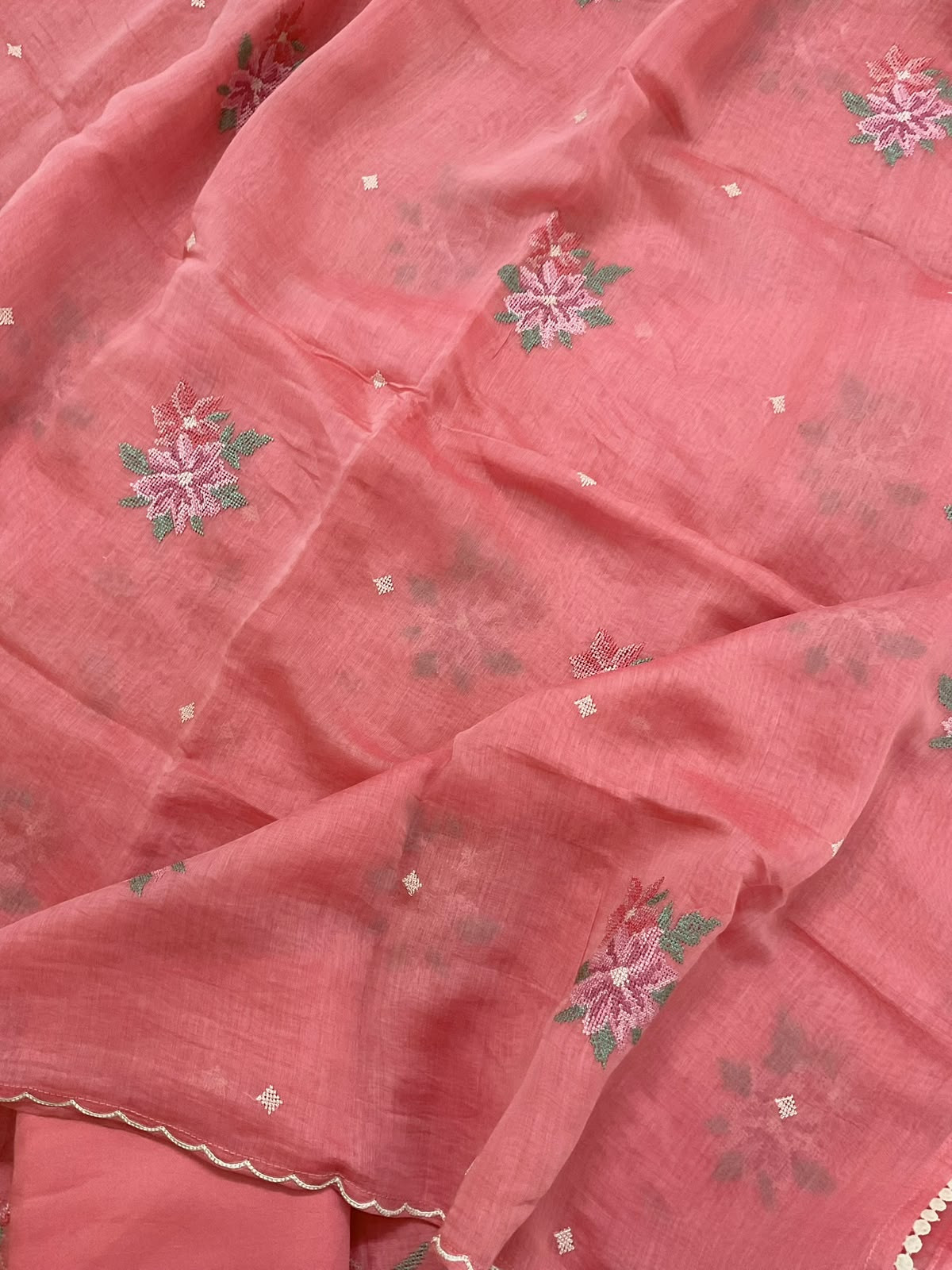 Pure Mul Chanderi Embroidered Suit - Peach