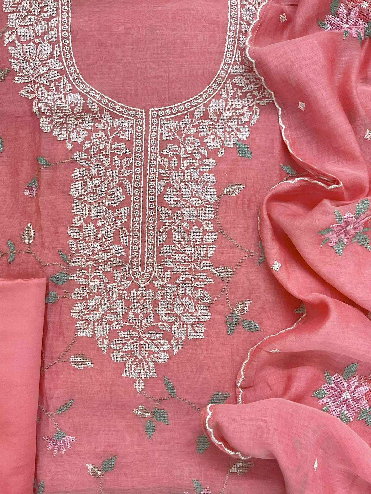 Pure Mul Chanderi Embroidered Suit - Peach