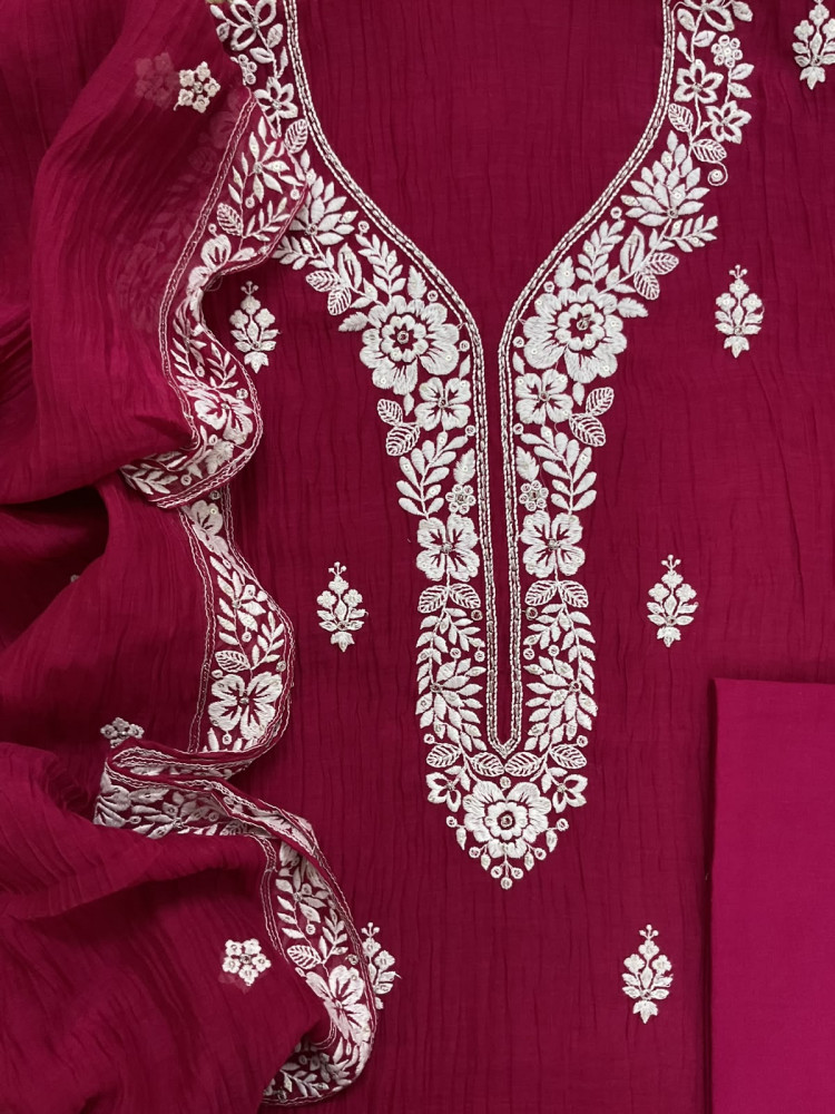 Image of Pure Chanderi Embroidered Suit - Maroon