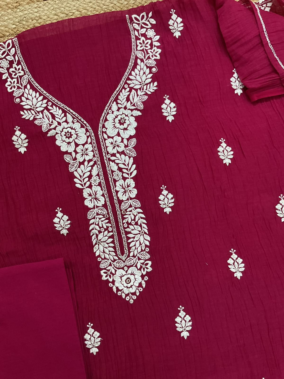 Pure Chanderi Embroidered Suit - Maroon
