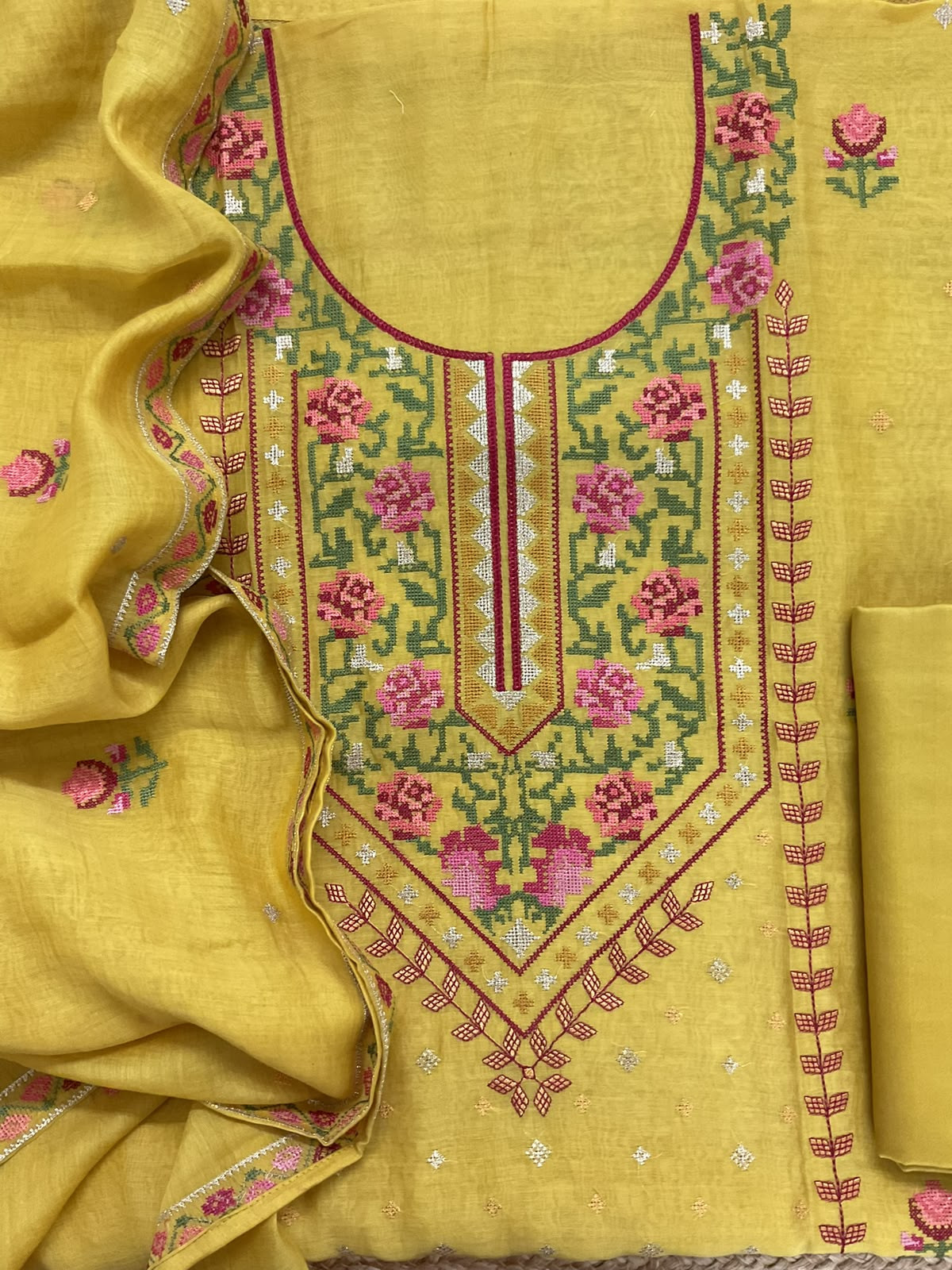 Pure Mul Chanderi Embroidered Suit - Yellow