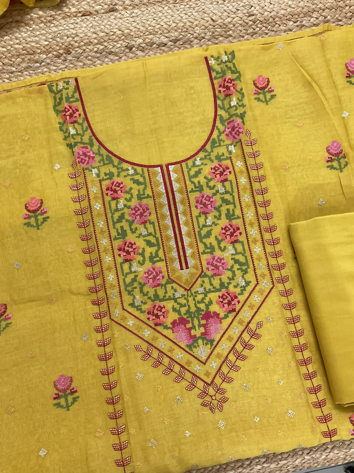 Pure Mul Chanderi Embroidered Suit - Yellow