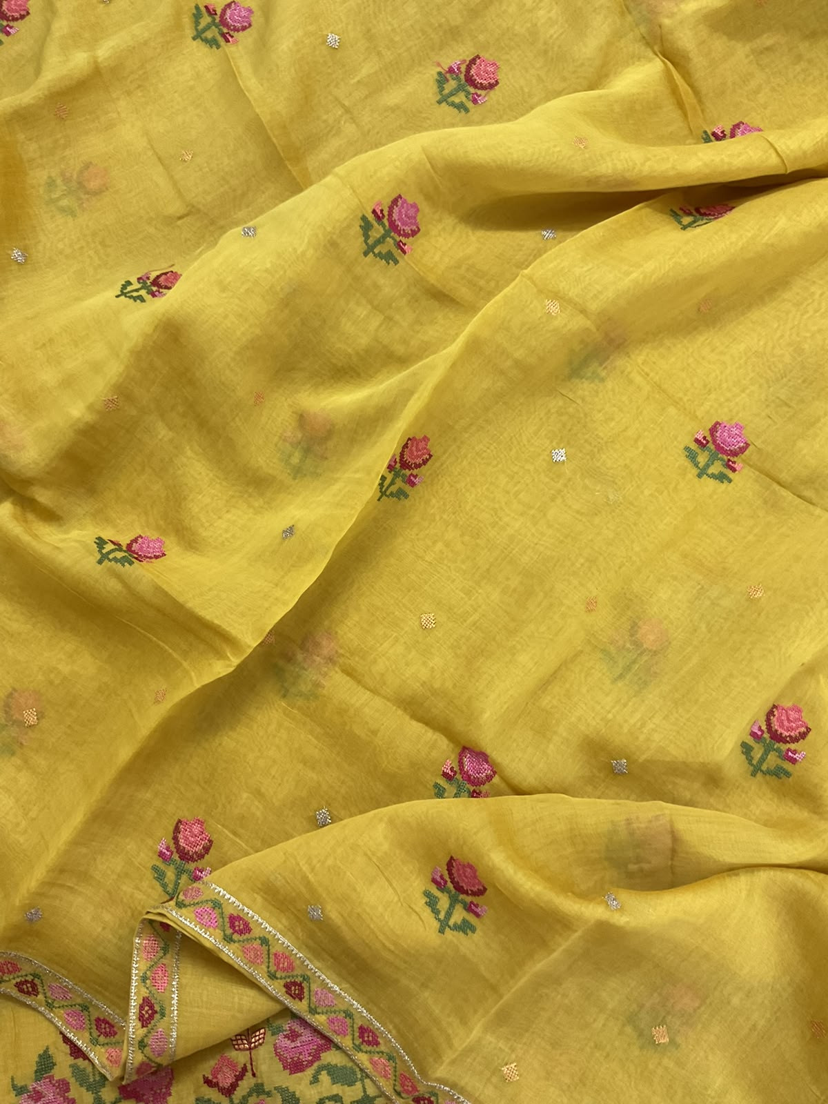 Pure Mul Chanderi Embroidered Suit - Yellow