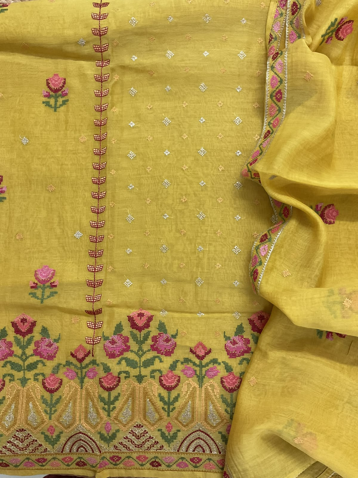 Pure Mul Chanderi Embroidered Suit - Yellow