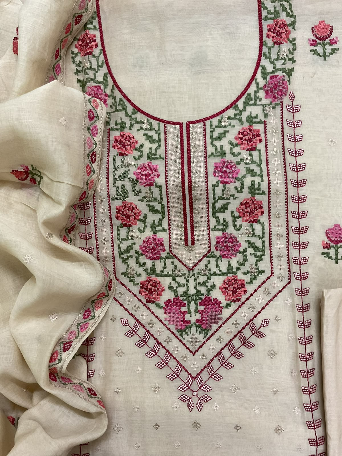 Pure Mul Chanderi Embroidered Suit - Cream