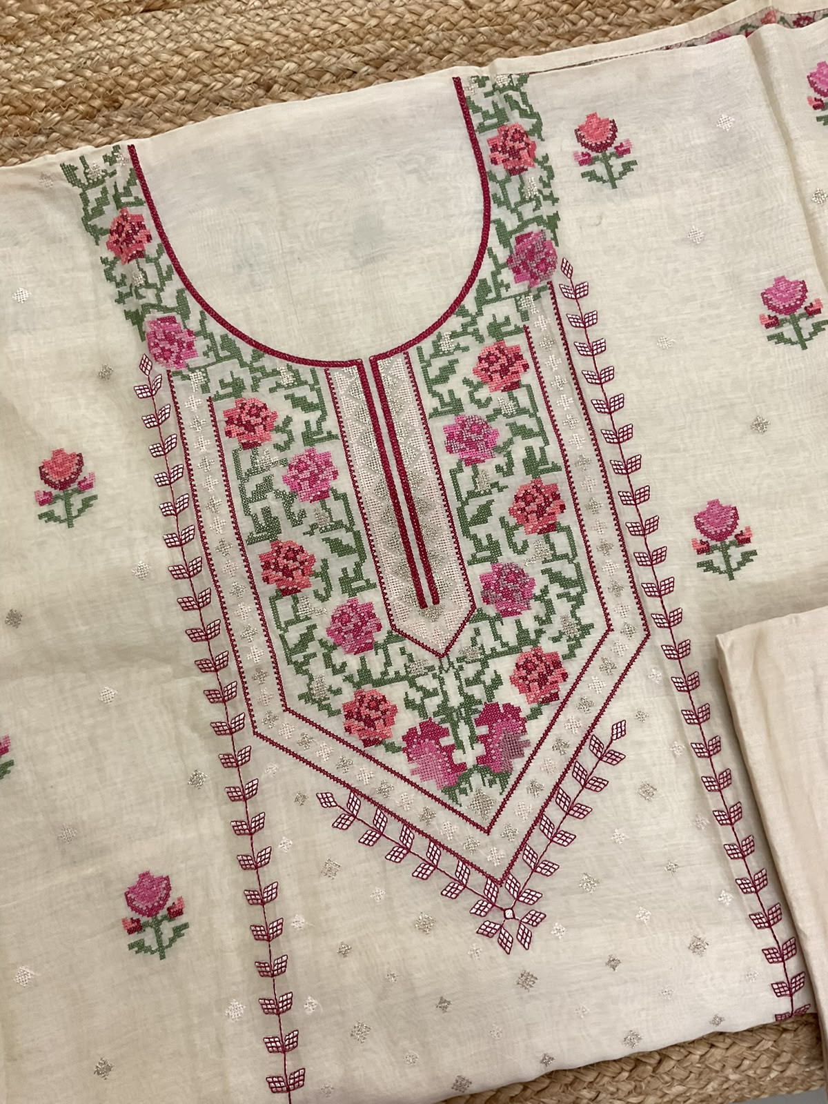 Pure Mul Chanderi Embroidered Suit - Cream