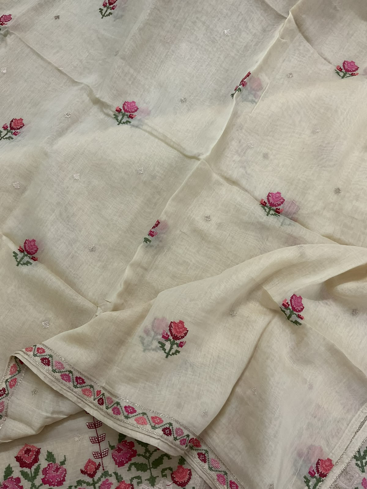 Pure Mul Chanderi Embroidered Suit - Cream