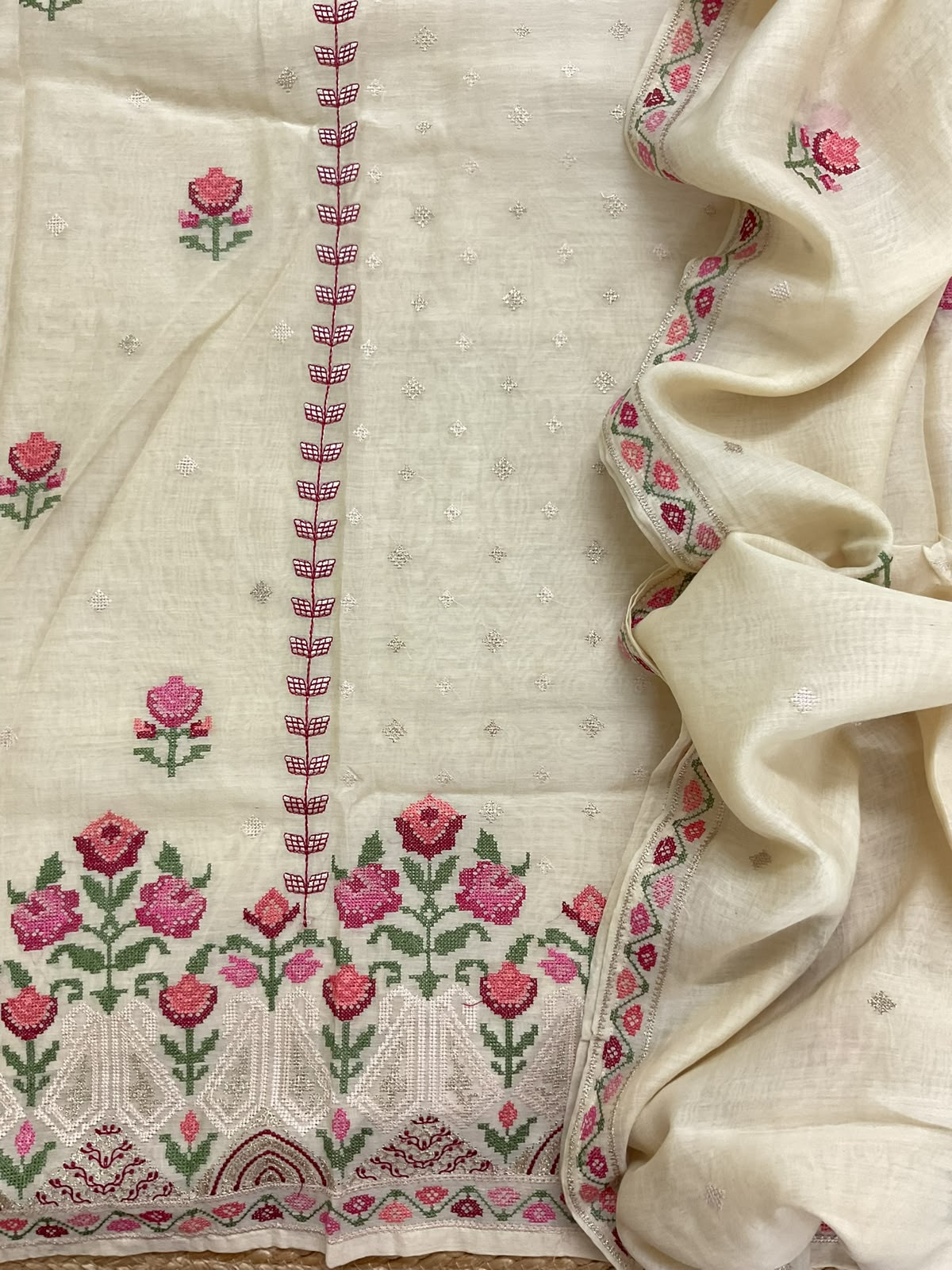 Pure Mul Chanderi Embroidered Suit - Cream