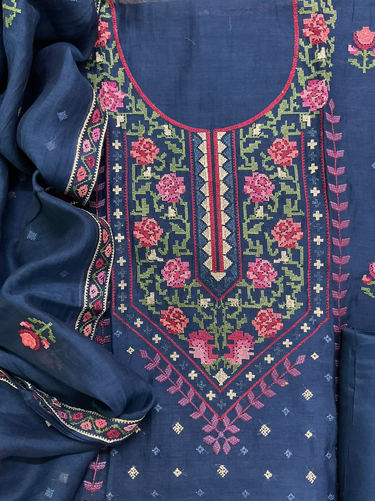Pure Mul Chanderi Embroidered Suit - Blue