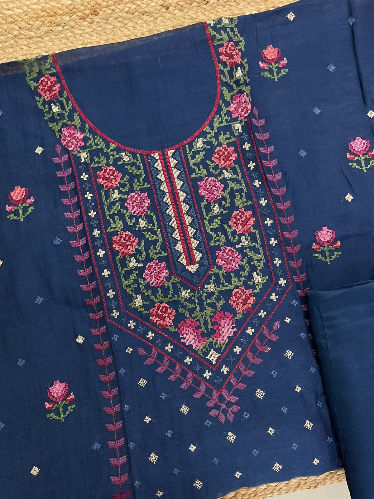 Pure Mul Chanderi Embroidered Suit - Blue