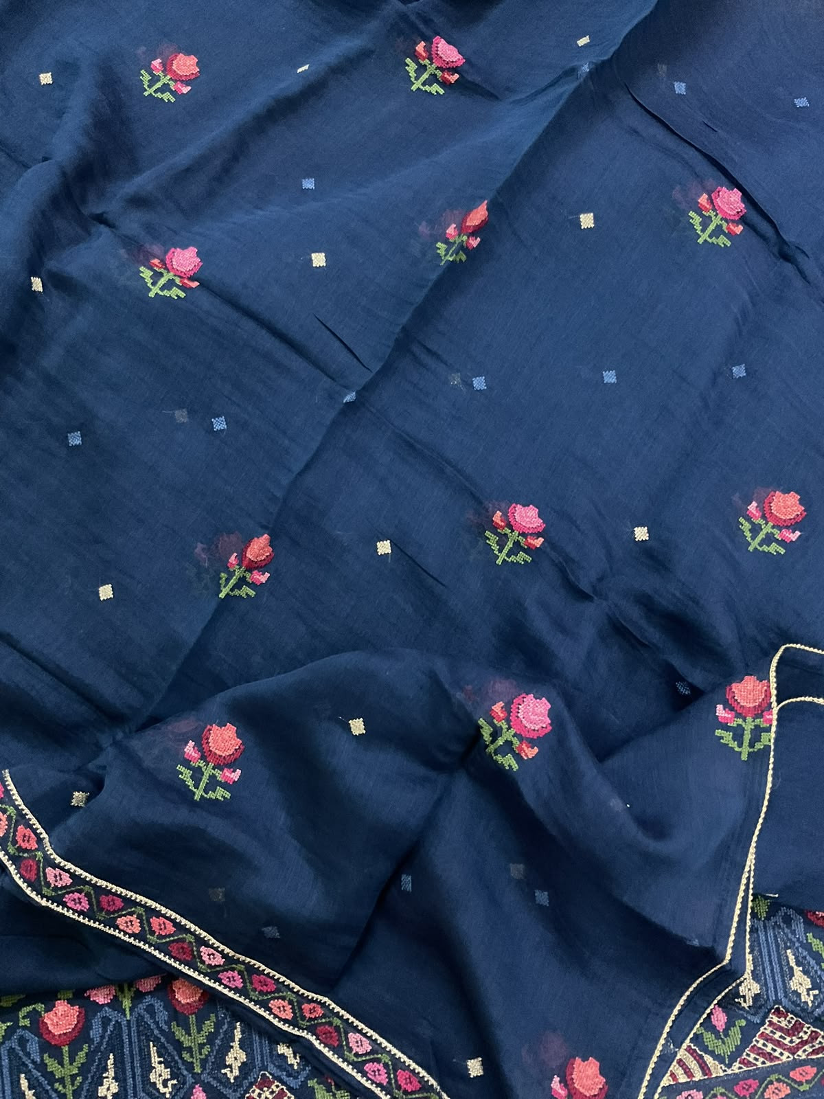 Pure Mul Chanderi Embroidered Suit - Blue