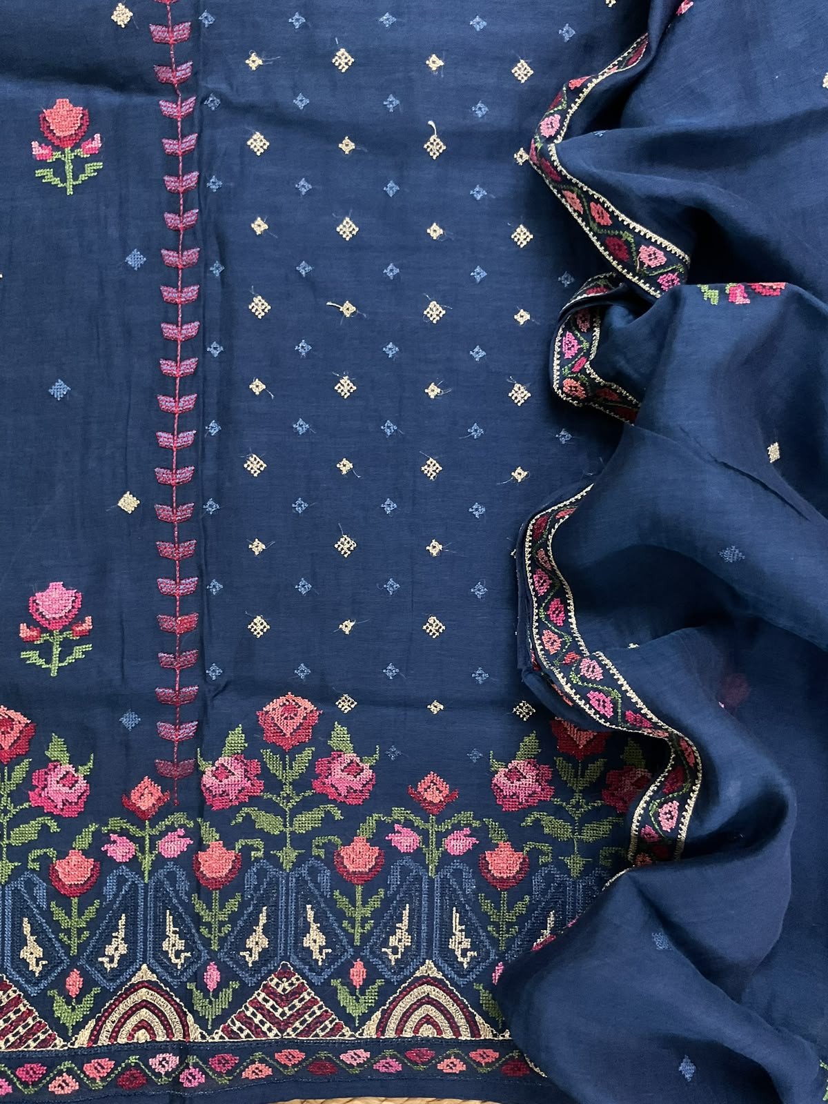 Pure Mul Chanderi Embroidered Suit - Blue