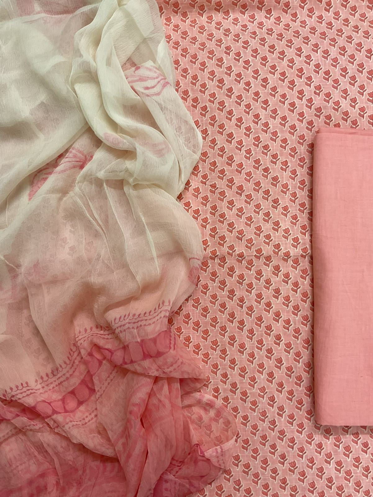 Pure Linen Jute Cotton Printed Suit - Peach