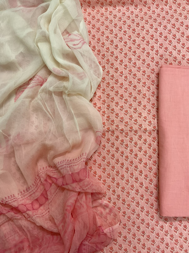 Image of Pure Linen Jute Cotton Printed Suit - Peach