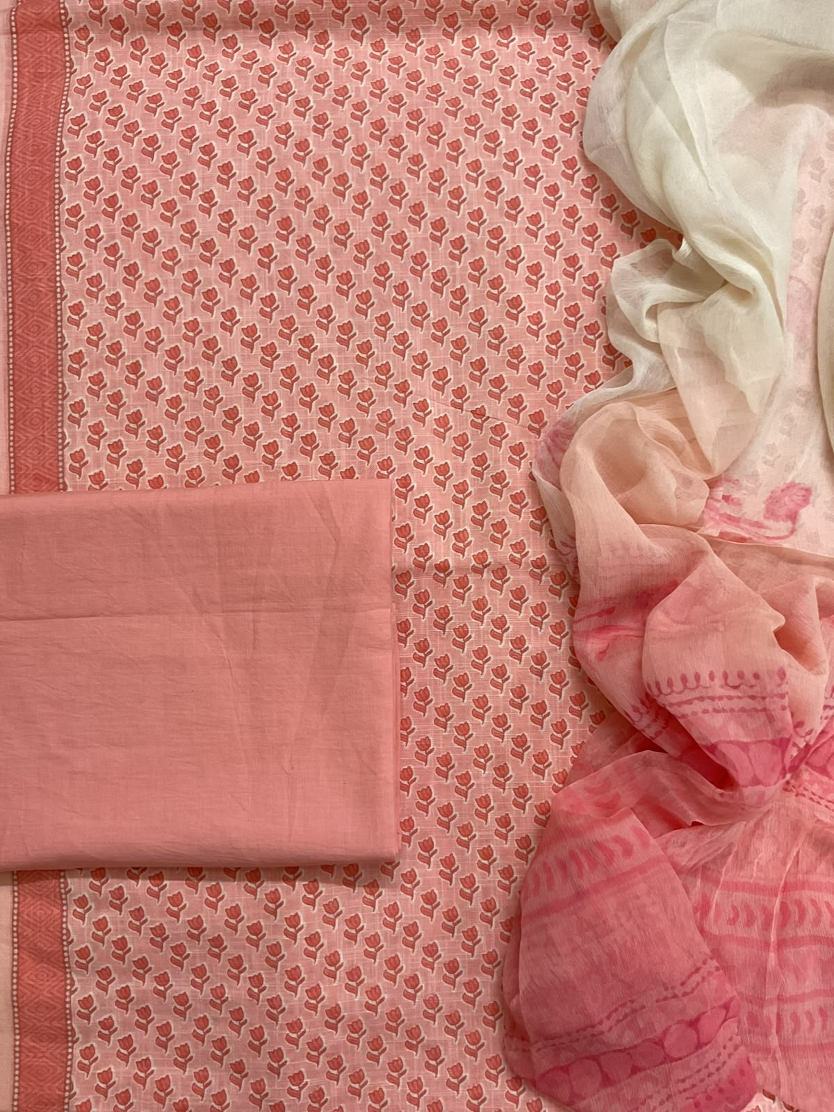 Pure Linen Jute Cotton Printed Suit - Peach