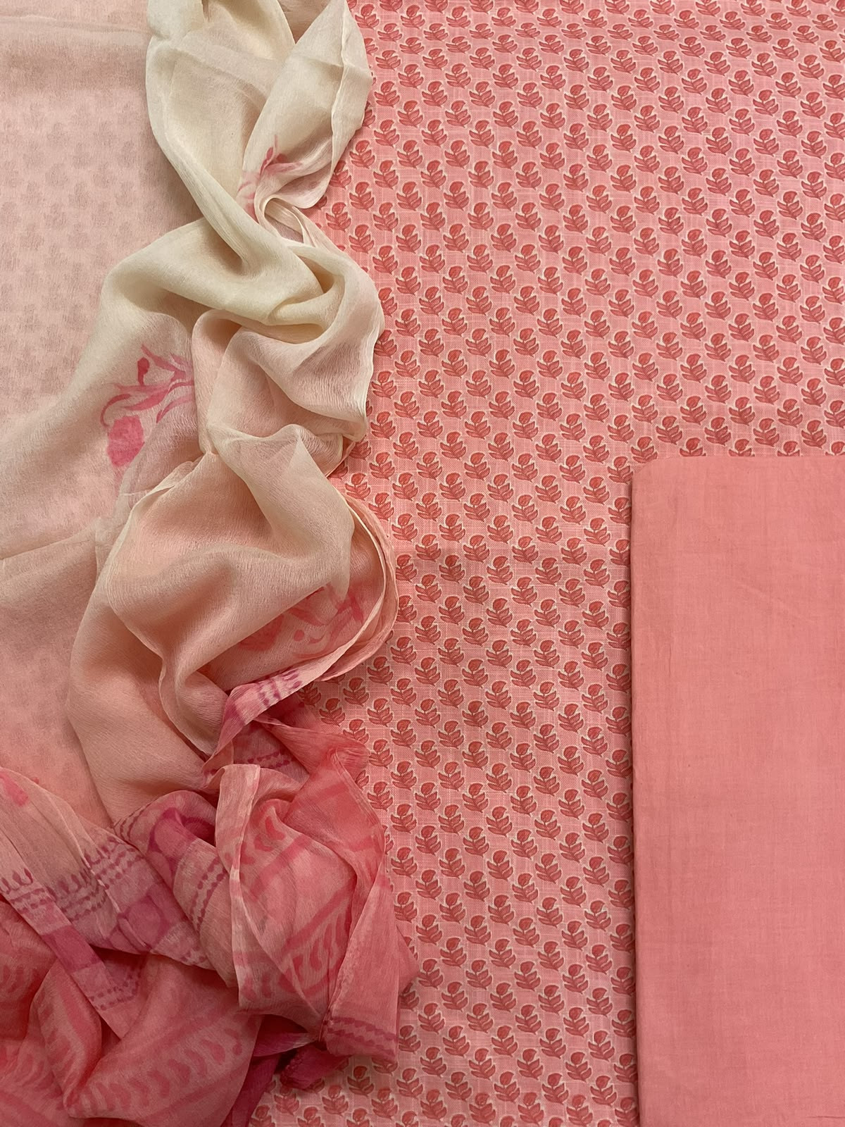 Pure Linen Jute Cotton Printed Suit - Peach