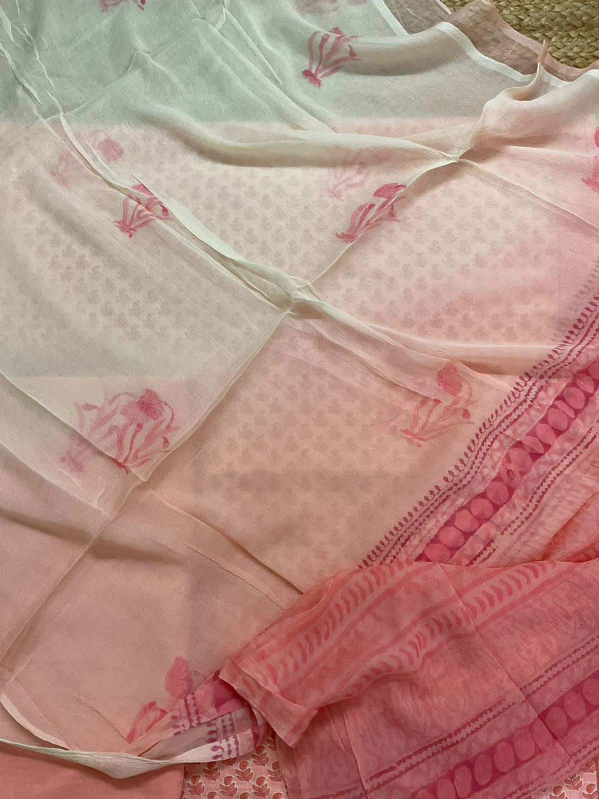 Pure Linen Jute Cotton Printed Suit - Peach