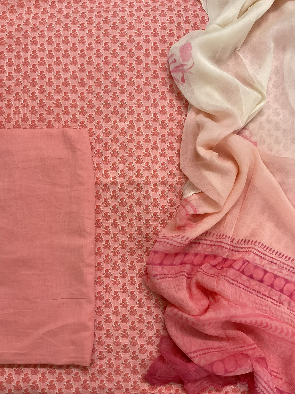 Pure Linen Jute Cotton Printed Suit - Peach