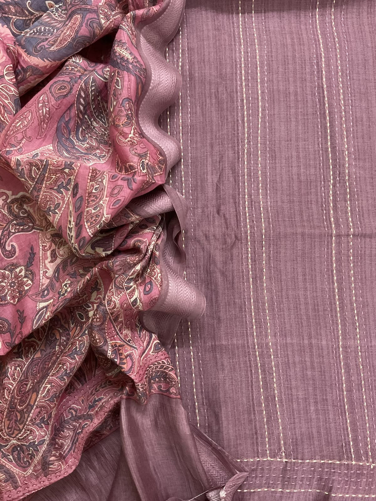 Pure Maheshwari Silk Printed Kantha Work Suit - Mauve