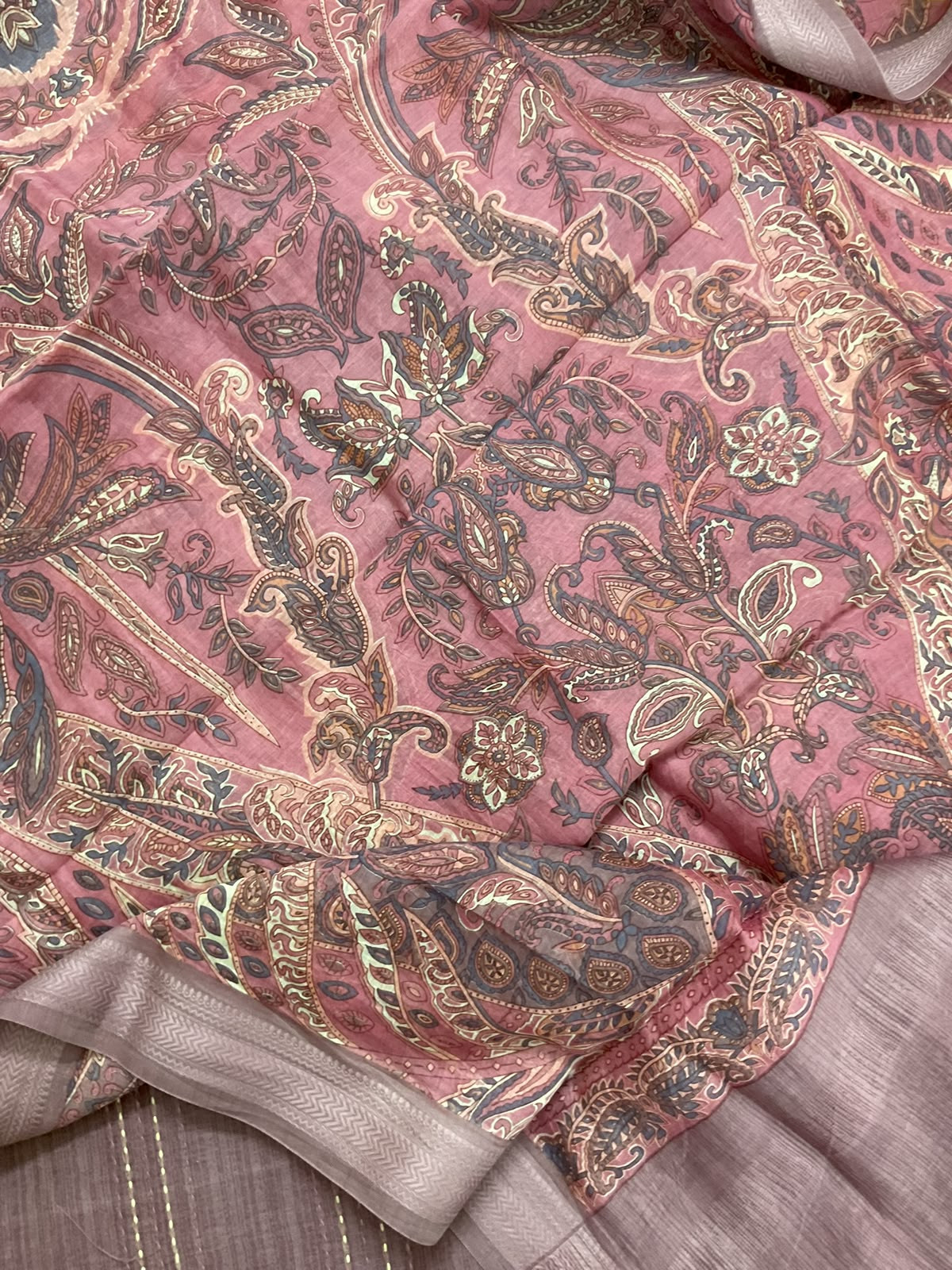 Pure Maheshwari Silk Printed Kantha Work Suit - Mauve