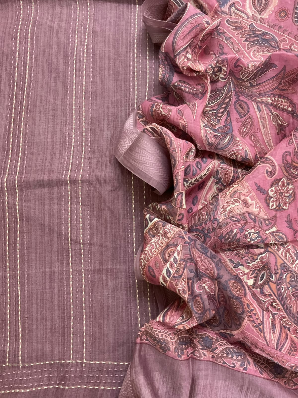 Pure Maheshwari Silk Printed Kantha Work Suit - Mauve
