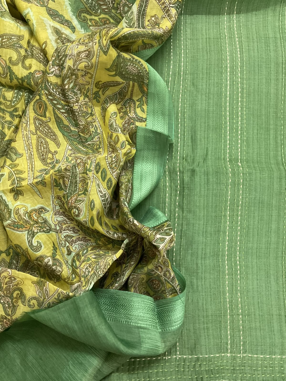 Pure Maheshwari Silk Printed Kantha Work Suit - Green