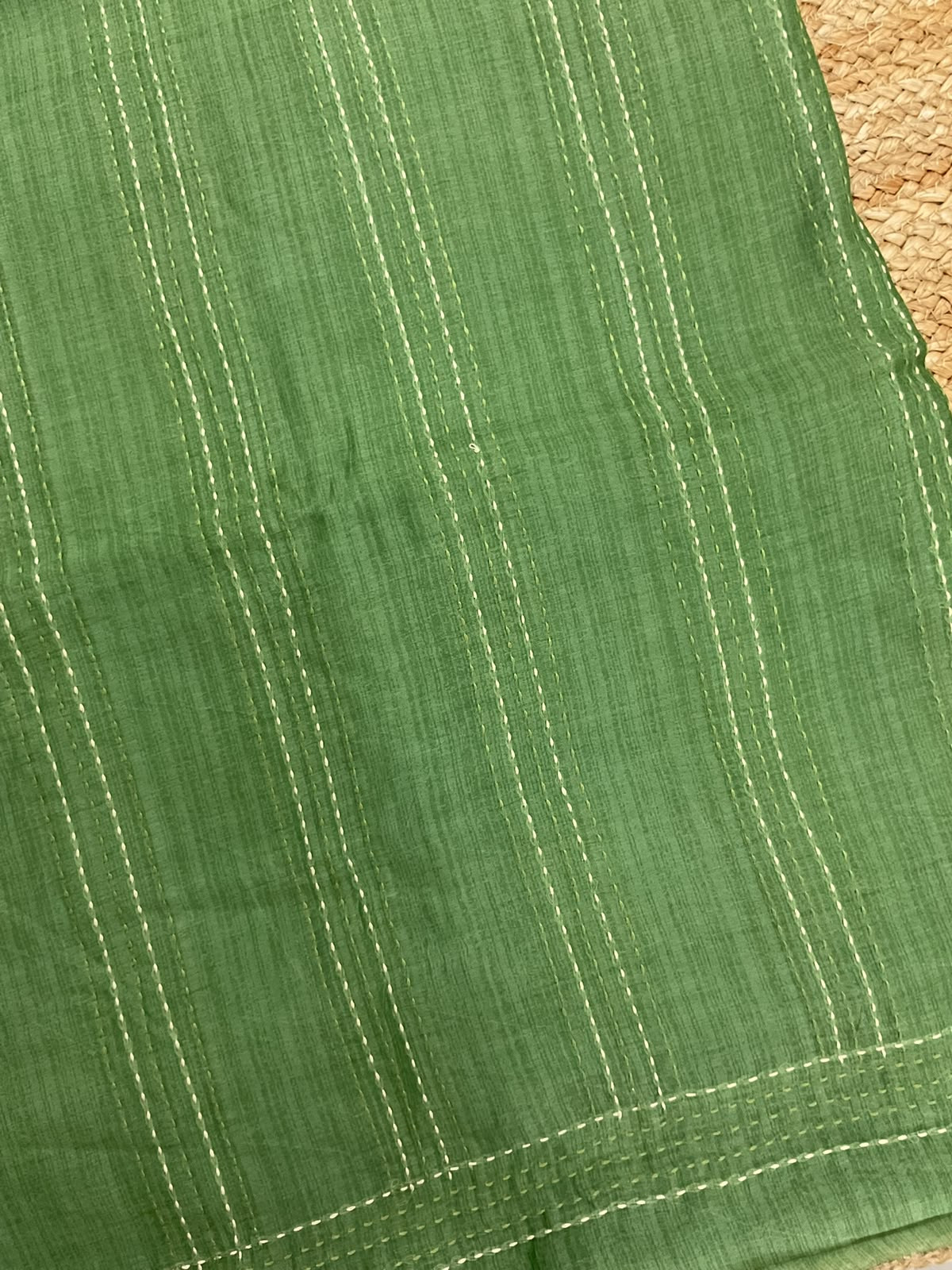 Pure Maheshwari Silk Printed Kantha Work Suit - Green