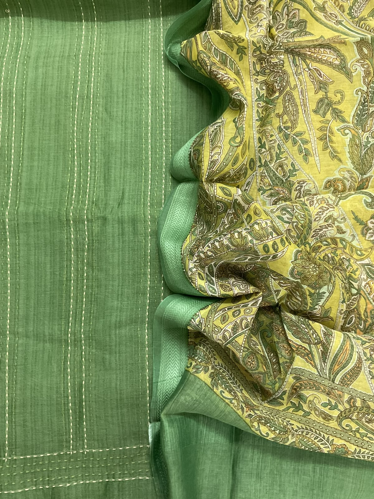 Pure Maheshwari Silk Printed Kantha Work Suit - Green